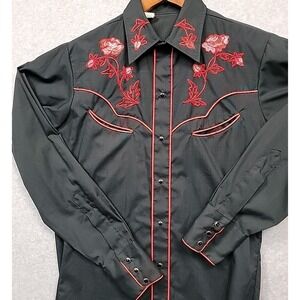 Vintage Mens Sz M Western Cowboy Shirt Black Embroidered LongSleeve Slim 14.5/33
